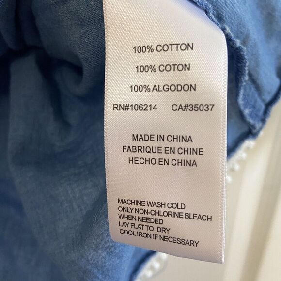 Joe’s Jeans Off The Shoulder Blue Chambray Blouse Crochet Trim Size Small - Picture 7 of 10